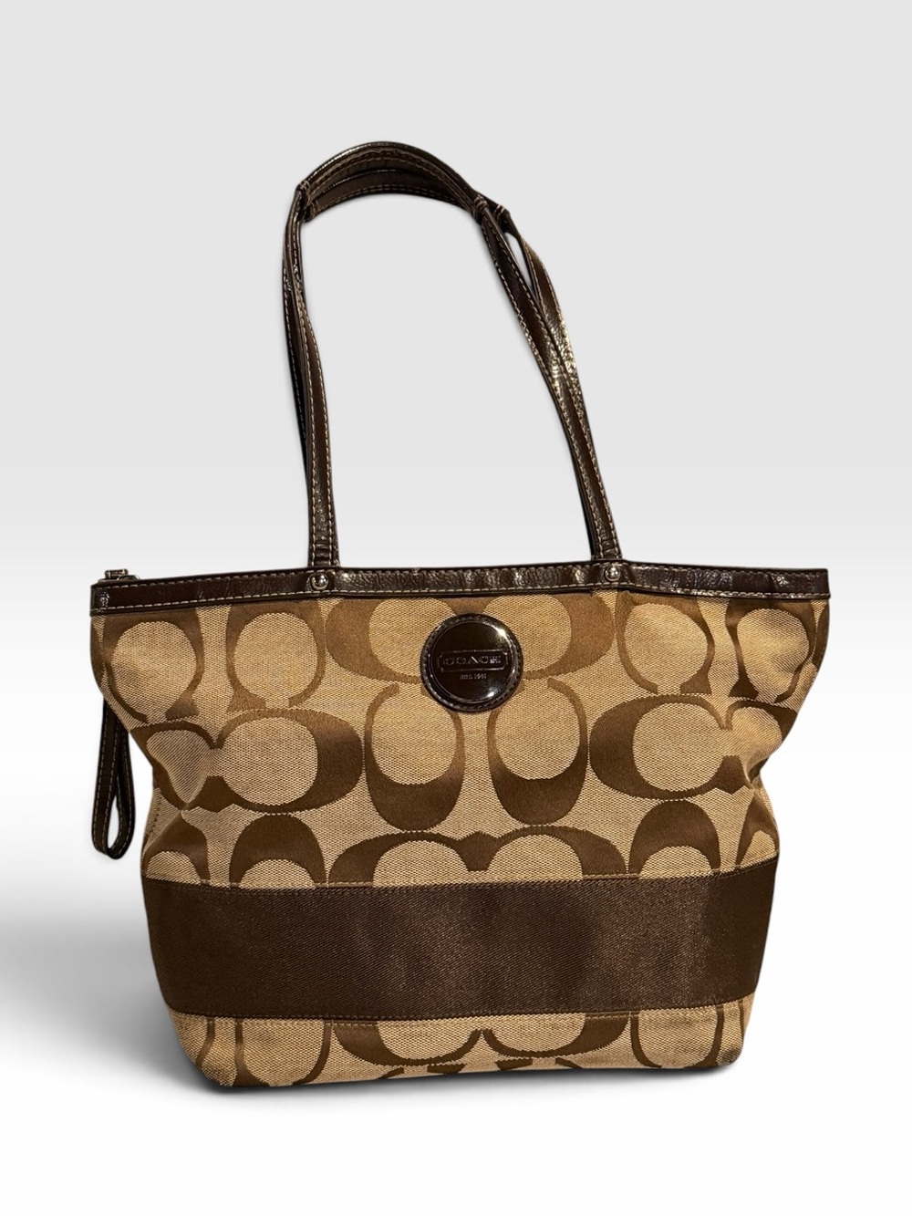 Coach Signature C Brown Khaki Canvas Leather Trim Tote Handbag Purse F17433